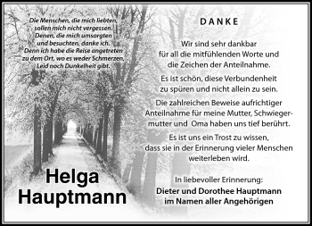 Traueranzeige von Helga Hauptmann von Südthüringer Presse