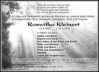 Traueranzeige von Roswitha Kleinert von Südthüringer Presse
