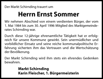 Traueranzeige von Ernst Sommer von Frankenpost