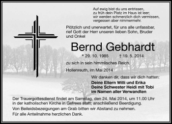 Traueranzeige von Bernd Gebhardt von Frankenpost