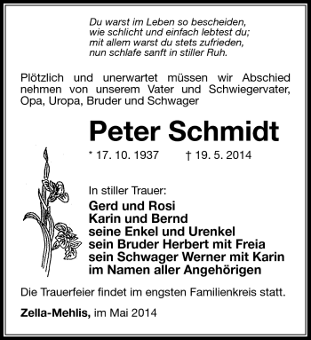 Traueranzeige von Peter Schmidt von Südthüringer Presse