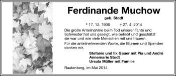 Traueranzeige von Ferdinande Muchow von Frankenpost
