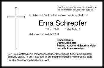 Traueranzeige von Erna Schrepfer von Frankenpost
