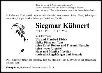 Traueranzeige von Siegmar Kühnert von Südthüringer Presse