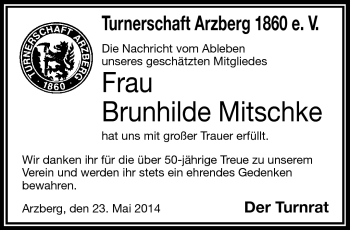 Traueranzeige von Brunhilde Mitschke von Frankenpost