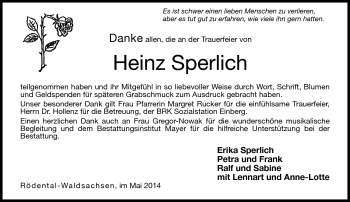 Traueranzeige von Heinz Sperlich von Neue Presse Coburg