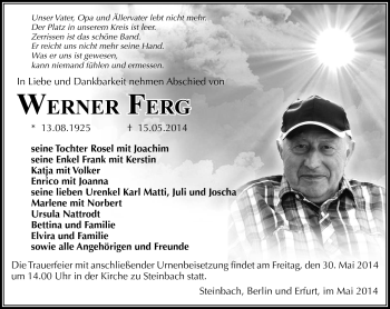 Traueranzeige von Werner Ferg von Südthüringer Presse