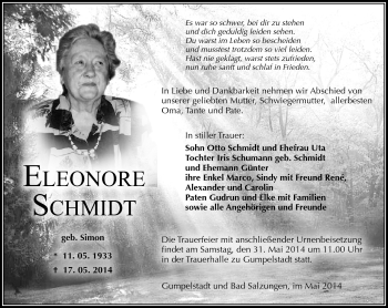 Traueranzeige von Eleonore Schmidt von Südthüringer Presse