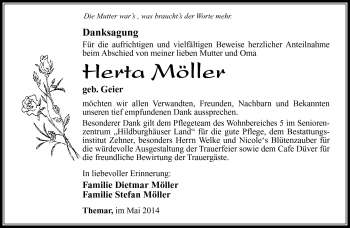 Traueranzeige von Herta Möller von Südthüringer Presse