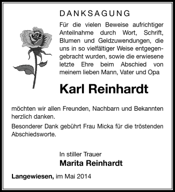 Traueranzeige von Karl Reinhardt von Südthüringer Presse