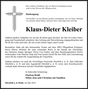 Traueranzeige von Klaus-Dieter Kleiber von Südthüringer Presse