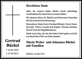 Traueranzeige von Gertrud Büchel von Südthüringer Presse