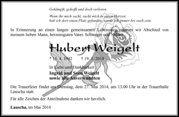 Traueranzeige von Hubert Weigelt von Südthüringer Presse