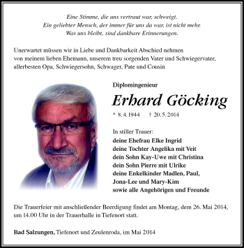 Traueranzeige von Erhard Göcking von Südthüringer Presse
