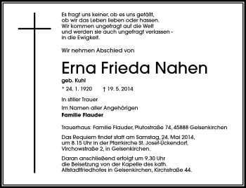 Traueranzeige von Erna Frieda Nahen von Frankenpost