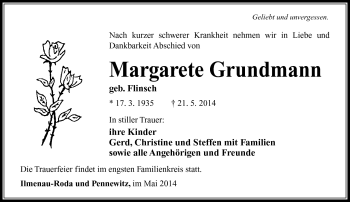Traueranzeige von Margarete Grundmann von Südthüringer Presse