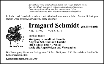 Traueranzeige von Irmgard Schmidt von Südthüringer Presse