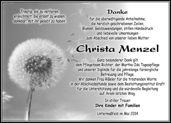 Traueranzeige von Christa Menzel von Südthüringer Presse