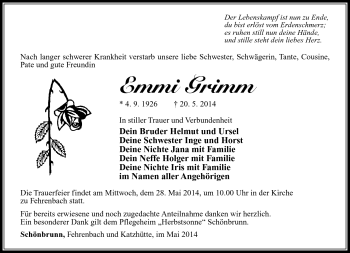 Traueranzeige von Emmi Grimm von Südthüringer Presse