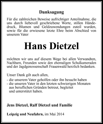 Traueranzeige von Hans Dietzel von Südthüringer Presse