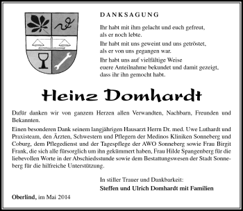 Traueranzeige von Heinz Domhardt von Südthüringer Presse