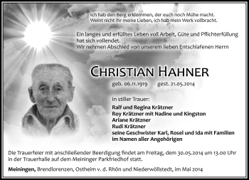 Traueranzeige von Christian Hahner von Südthüringer Presse