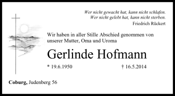 Traueranzeige von Gerlinde Hofmann von Neue Presse Coburg