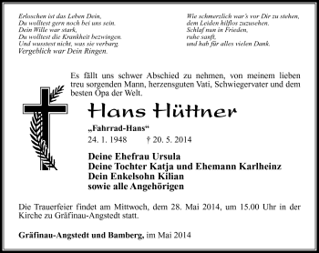 Traueranzeige von Hans Hüttner von Südthüringer Presse