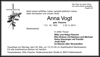 Traueranzeige von Anna Vogt von Frankenpost