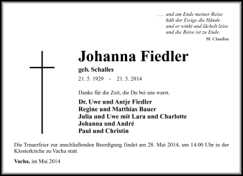 Traueranzeige von Johanna Fiedler von Südthüringer Presse