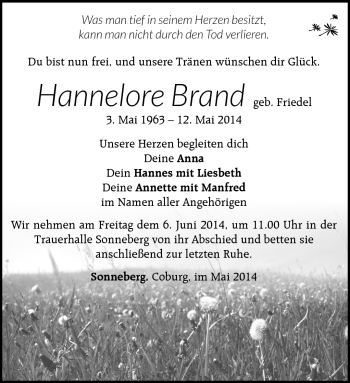 Traueranzeige von Hannelore Brand von Südthüringer Presse