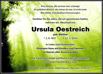 Traueranzeige von Ursula Oestreich von Südthüringer Presse