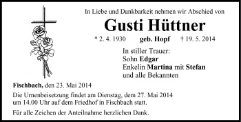 Traueranzeige von Gusti Hüttner von Neue Presse Coburg