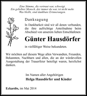 Traueranzeige von Günter Hausdörfer von Südthüringer Presse
