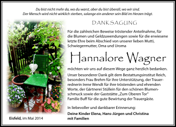 Traueranzeige von Hannalore Wagner von Südthüringer Presse