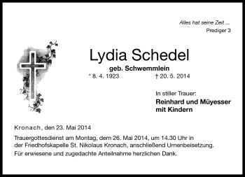 Traueranzeige von Lydia Schedel von Neue Presse Coburg