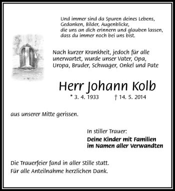 Traueranzeige von Johann Kolb von Frankenpost
