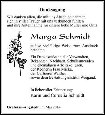 Traueranzeige von Marga Schmidt von Südthüringer Presse