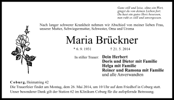 Traueranzeige von Maria Brückner von Neue Presse Coburg