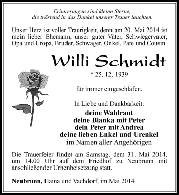 Traueranzeige von Willi Schmidt von Südthüringer Presse