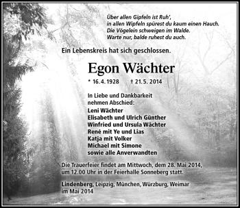 Traueranzeige von Egon Wächter von Südthüringer Presse