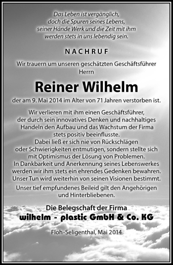 Traueranzeige von Reiner Wilhelm von Südthüringer Presse