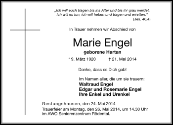 Traueranzeige von Marie Engel von Neue Presse Coburg