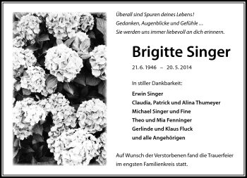 Traueranzeige von Brigitte Singer von Neue Presse Coburg