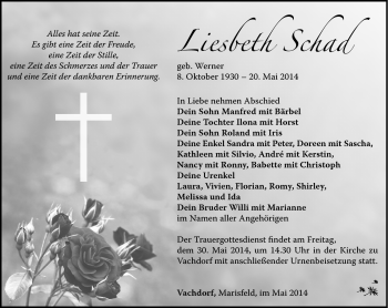 Traueranzeige von Liesbeth Schad von Südthüringer Presse