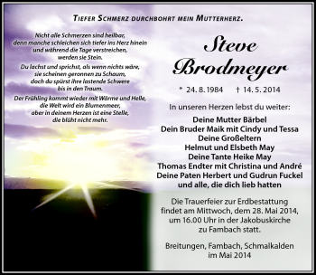 Traueranzeige von Steve Brodmeyer von Südthüringer Presse