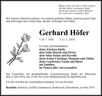 Traueranzeige von Gerhard Höfer von Südthüringer Presse