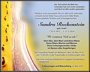 Traueranzeige von Sandra Rockenstein von Südthüringer Presse