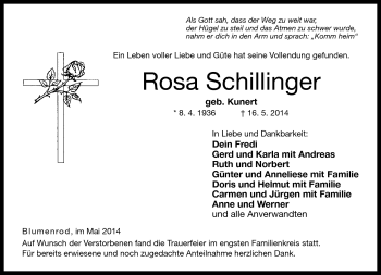 Traueranzeige von Rosa Schillinger von Neue Presse Coburg