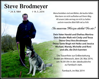 Traueranzeige von Steve Brodmeyer von Südthüringer Presse